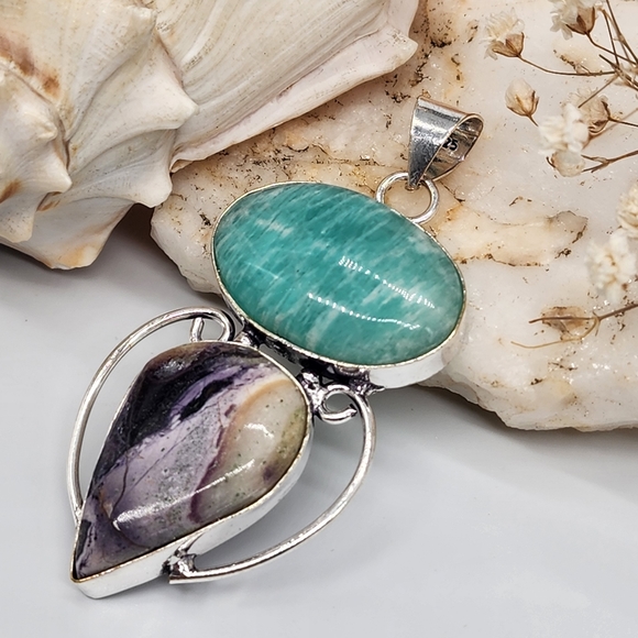 Natural Amazonite and Charoite Stones Silver 925 Pendant - Picture 1 of 5